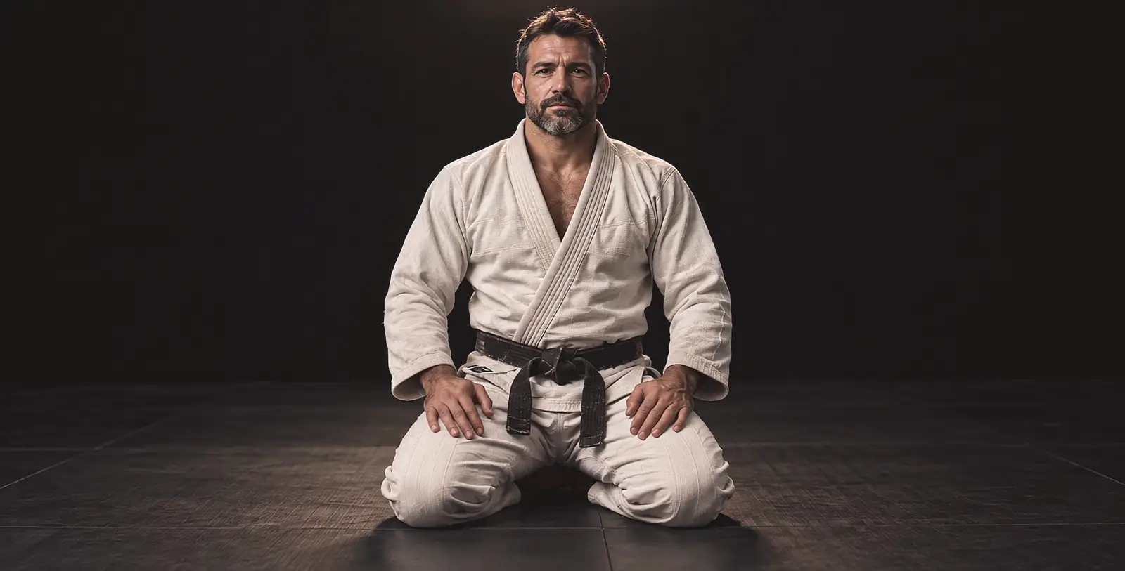 Max, a black belt in a worn white gi, kneeling on a dark mat and looking at you