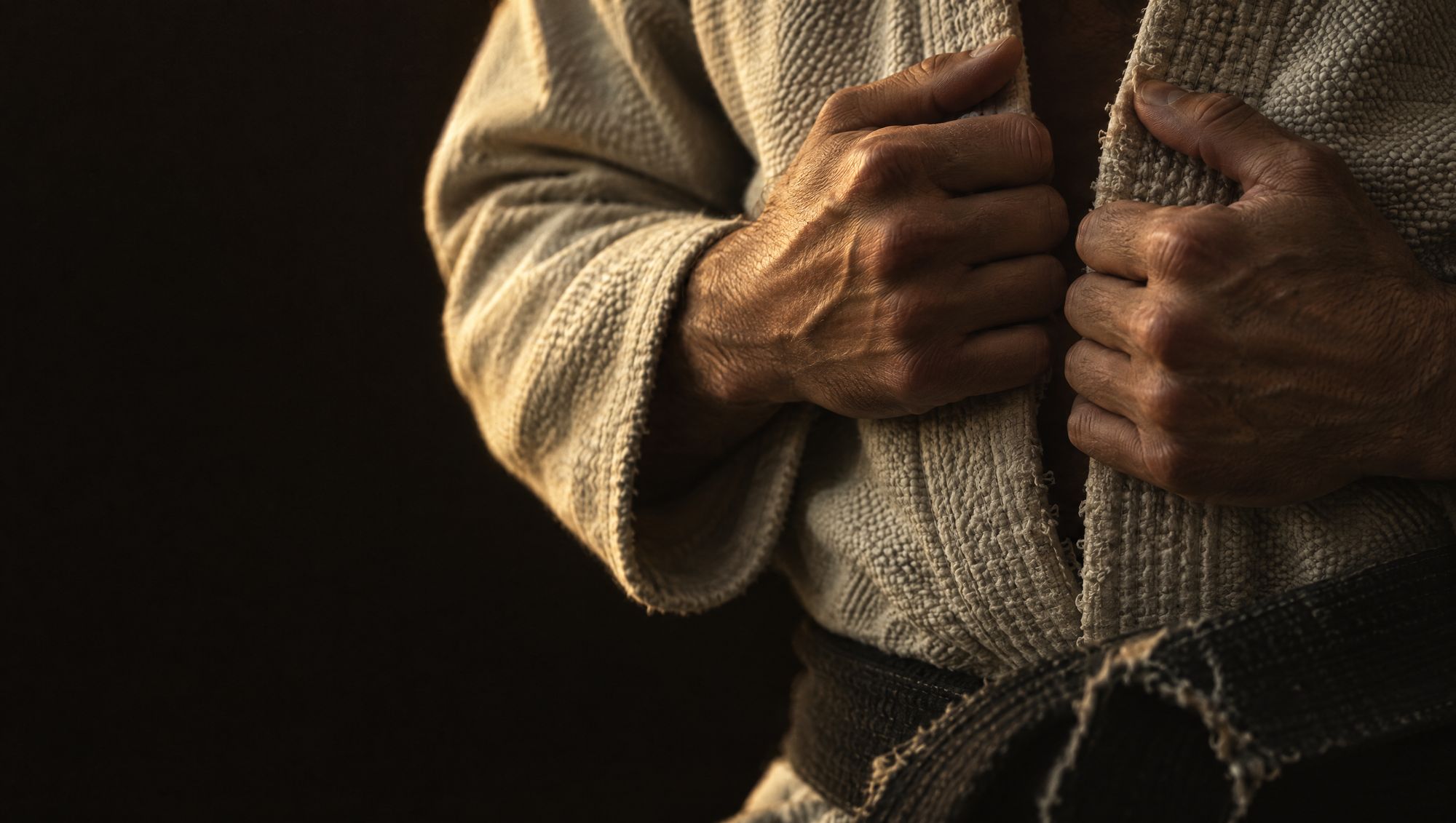 Two hands closing on the lapel of a worn white gi